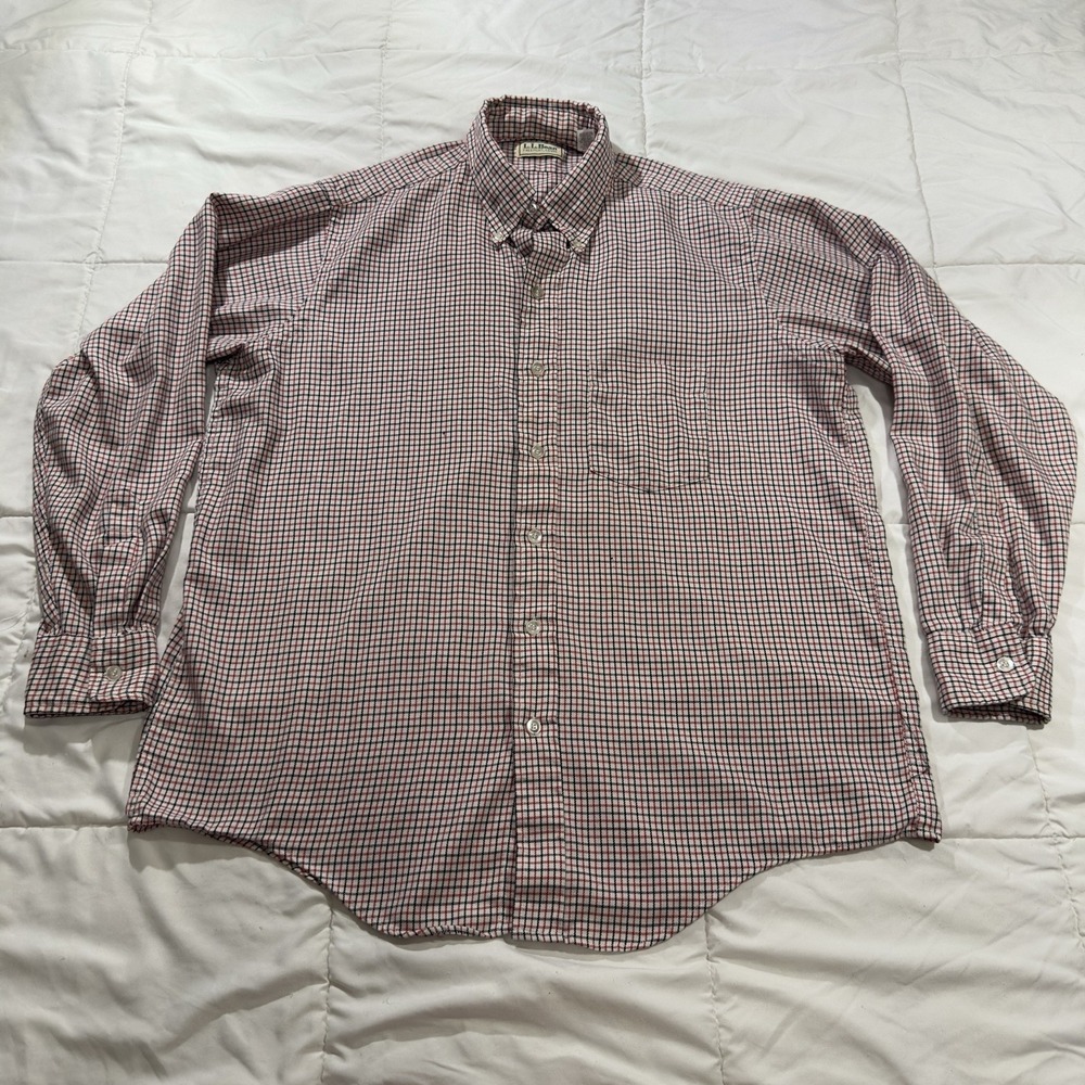 VTG L. L. Bean Button Up Mens Large Windowpane Plaid Red Black White Timeless
